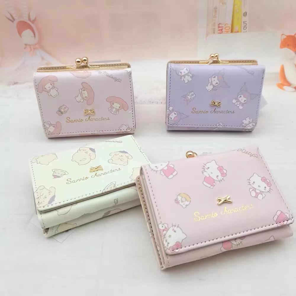 Mymelody Kuromi Sanrio HelloKitty - กระเป๋าสตางค์ใบสั้น PU ผู้หญิง กระเป๋าสตางค์ซิป หัวเข็มขัด กระเป๋าใส่บัตรบุคลิกภาพกา