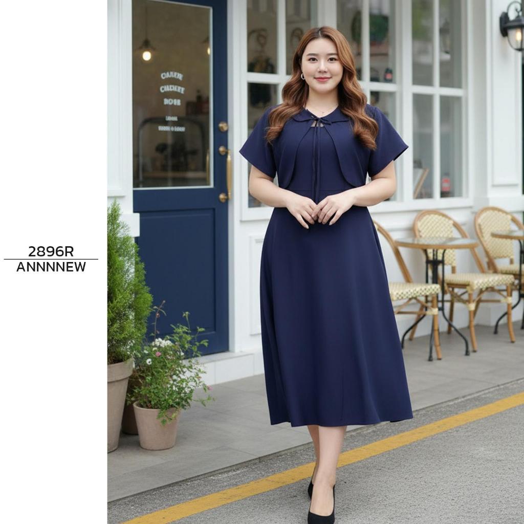 ✨ANNNEW✨ L- 5 XL เดรสผ้าบาบี้เเต่งกั๊กผูกโบว์กระโปรงทรงย้วย 2896R