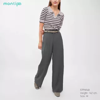 Montipa กางเกงทรงกระบอกใหญ่ ตะขอและซิปหน้า แต่งจีบหน้า ผ้า Iron Free 57PWI48
