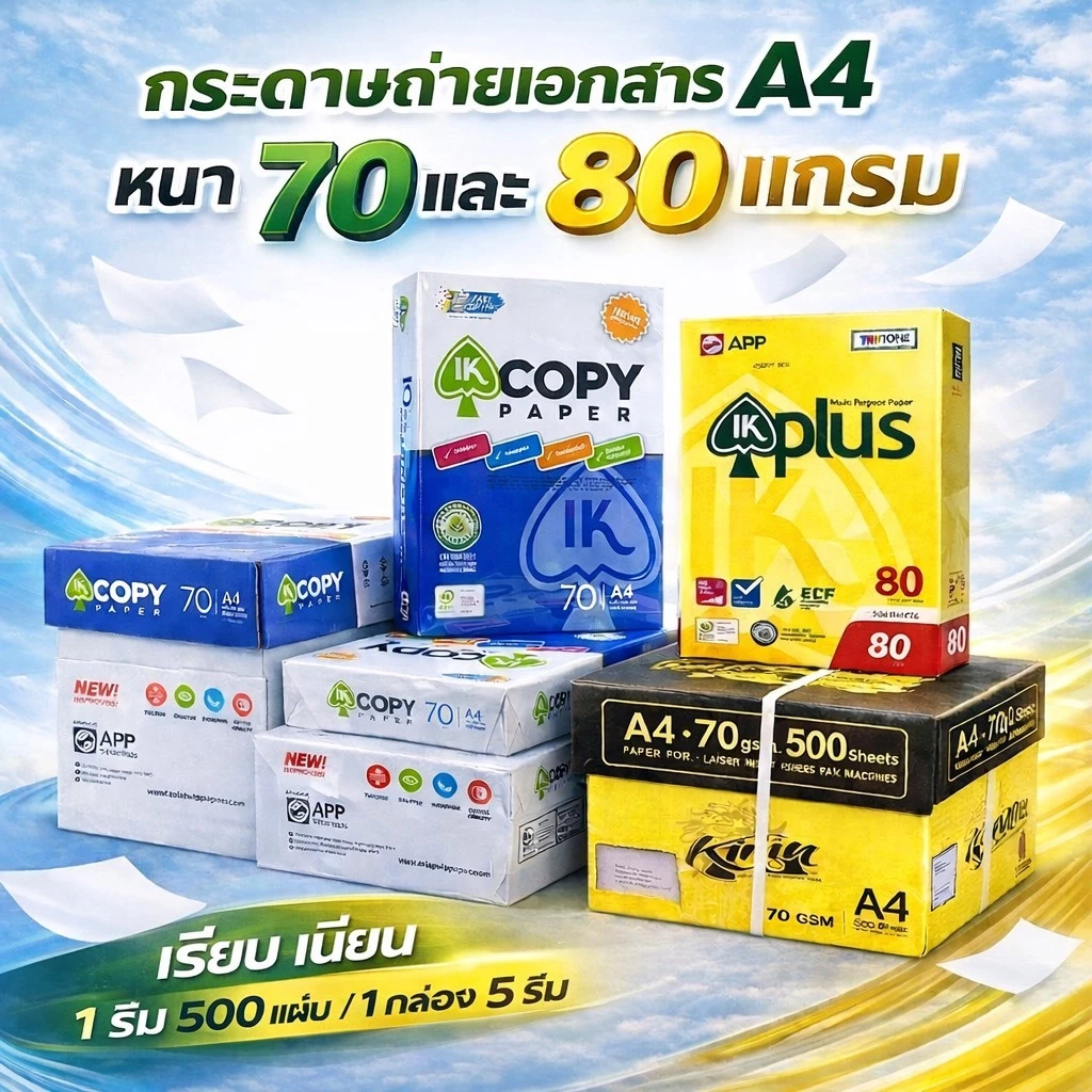 กระดาษถ่ายเอกสาร A4 70 แกรม และ 80 แกรม IK-COPY , IK-Plus , KIRIN เหลือง (1กล่อง/5 รีม) 2,500 แผ่น