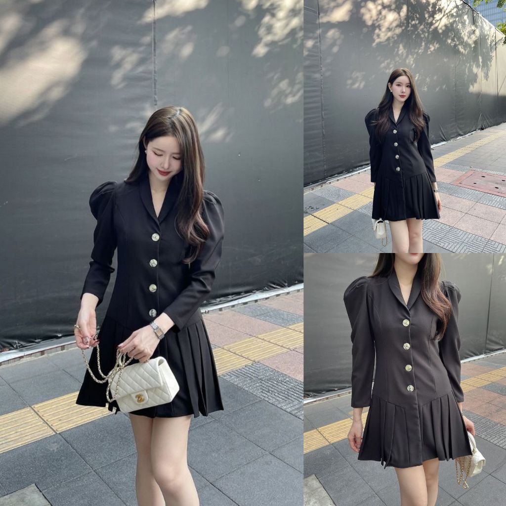 ส่งด่วน🚨 ดำ S,M 🦋 SLYQ MADE  ✨ TRAVERTINE PLEATED BLAZER DRESS ชุดเดรสสั้นกระดุมหน้าปกสูท