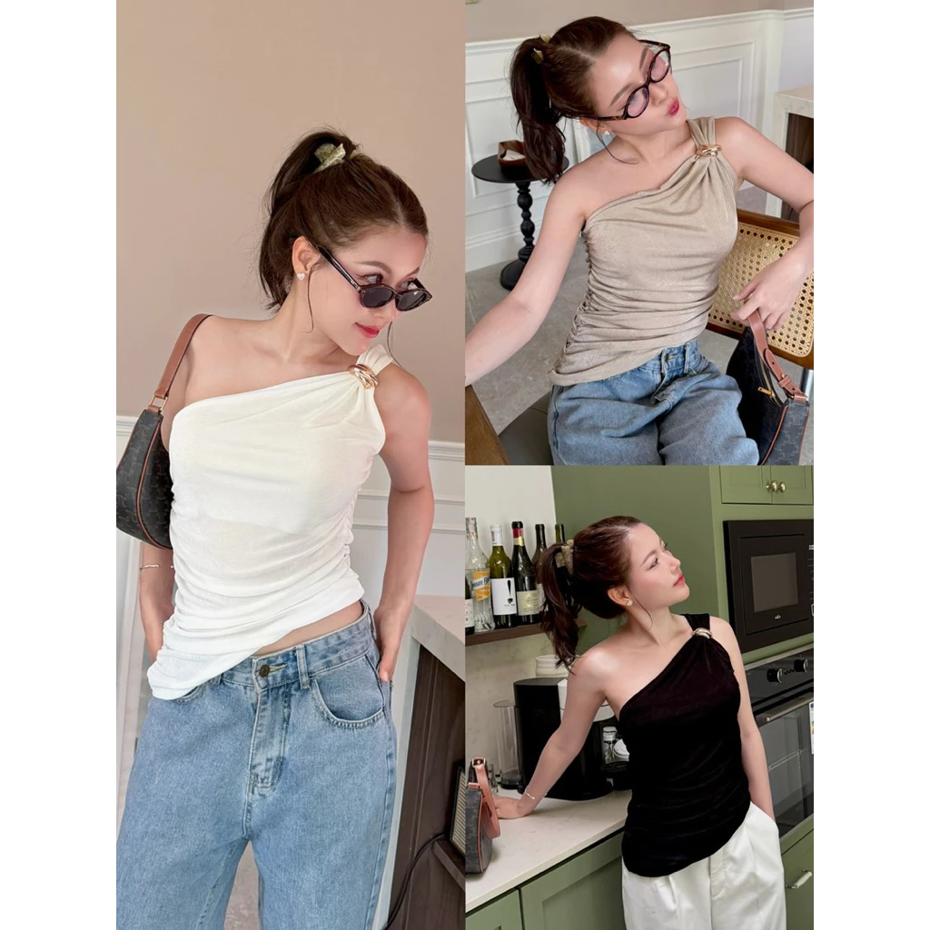 M07- เสื้อสายเดี่ยวไหล่เฉียงอะไหล่ทองรุ่น Rose Ring Top – ทรงเข้ารูป ผ้าเนียน ไม่บาง