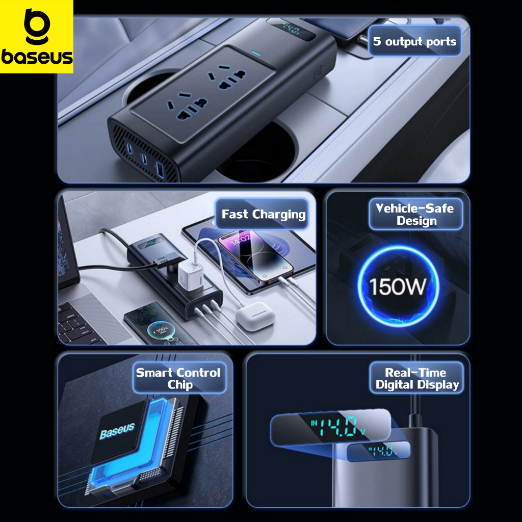 Baseus อินเวอร์เตอร์รถยนต์ 150W DC 12V to AC 220V อินเวอร์เตอร์พลังงานอัตโนมัติ ชาร์จเร็ว ราคา ถูกที่สุด ดีลบีเคเค แกลเลอรีภาพที่ 3