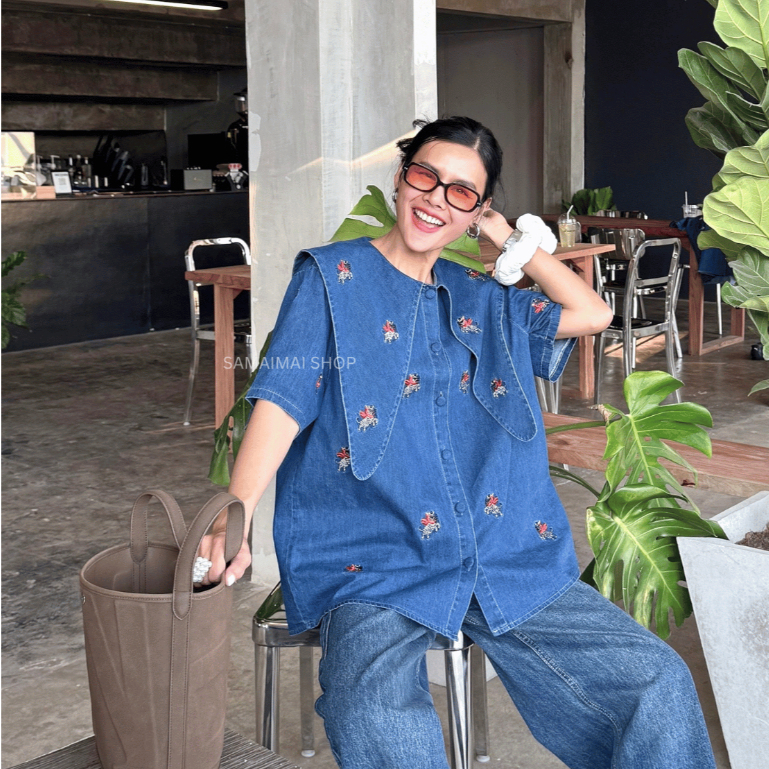 เสื้อเชิ้ตยีนส์แขนสั้น คอปกแหลมงานปักZebraทั้งตัว งานแท้แบรนด์สมัยใหม่ #88019