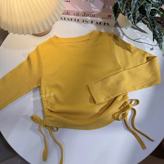 [526]เสื้อครอปคอกลม แขนยาว สายรูดข้าง ทรงสวย ผ้าร่องใส่สบาย