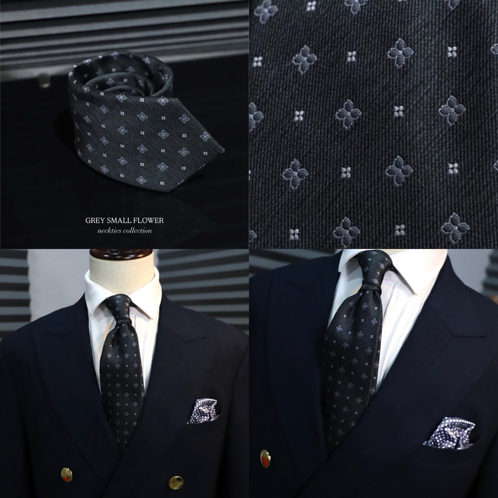 Grey necktie เนคไทด์สีเทาเข้มลายดอกไม้ลายเล็ก small flower collection