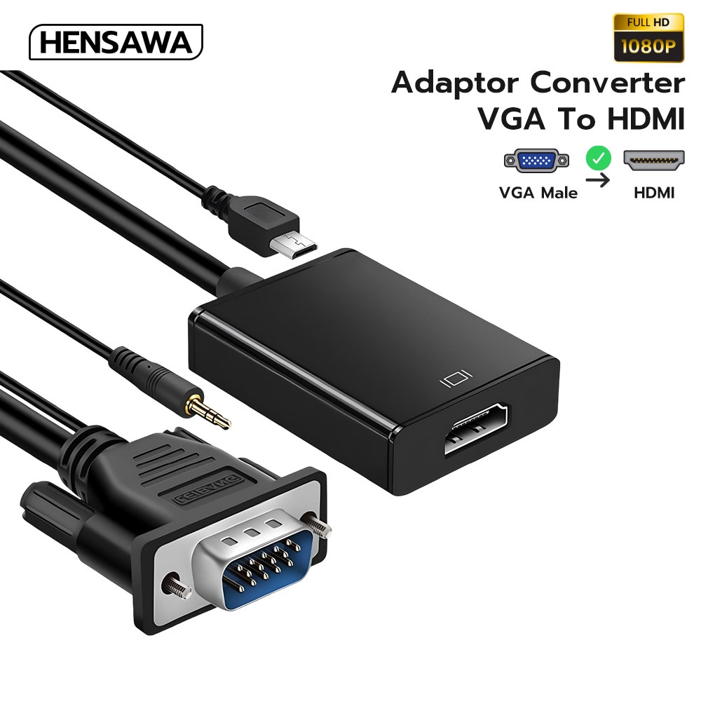 HENSAWA รุ่น VC102 อแดปเตอร์ VGA เป็น HDMI ตัวแปลง 1080P โปรเจคเตอร์ดิจิตอล สำหรับ ทีวี, โปรเจคเตอร์