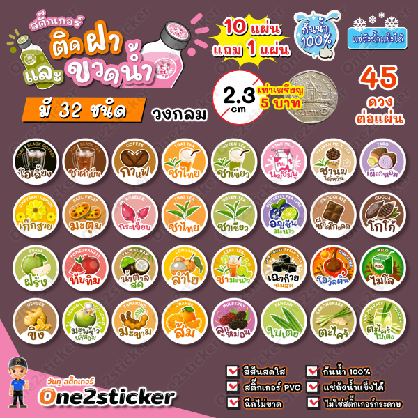 สติ๊กเกอร์ติดฝาขวดน้ำ แผ่นละ 45 ดวง วงกลม 2.3 cm