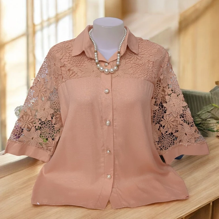 เสื้อใส่งานบุญ เสื้อผ้าลินินผสม เสื้อเซิ้ตกระดุมแขนลูกไม้ รอบอก38-42/44-46/48-52นิ้วฟรีไซส์ ยาว22/25นิ้ว
