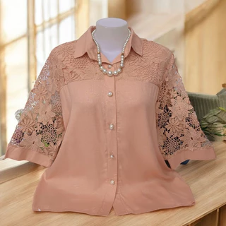 เสื้อใส่งานบุญ เสื้อผ้าลินินผสม เสื้อเซิ้ตกระดุมแขนลูกไม้ รอบอก38-42/44-46/48-52นิ้วฟรีไซส์ ยาว22/25นิ้ว