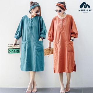 #3482 MondLune ชุดเดรสคอกลม แขนตุ๊กตาพองๆ เจาะกระดุมโปโล มีก…