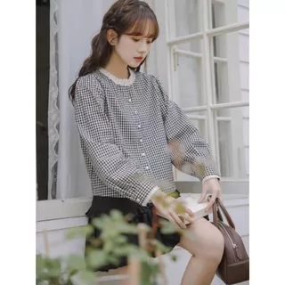 Red Berryเสื้อเชิ้ตแขนยาวคอกลมลายสก๊อตสไตล์ย้อนยุคฝรั่งเศสสำหรับผู้หญิง99217