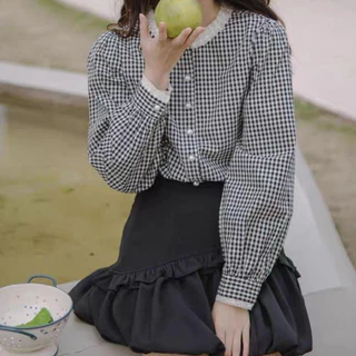 Red Berryเสื้อเชิ้ตแขนยาวคอกลมลายสก๊อตสไตล์ย้อนยุคฝรั่งเศสสำหรับผู้หญิง99217