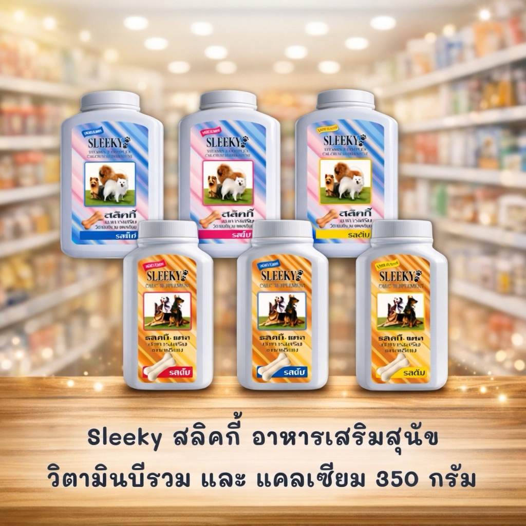 สลิคกี้ วิตามินบีรวม-แคลเซียมบำรุงร่างกายสุนัข sleeky 350g.