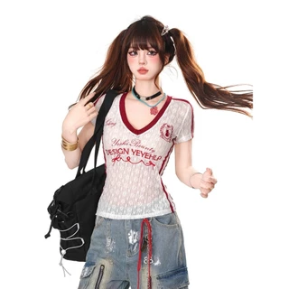SuSu เสื้อผู้หญิงแขนสั้นคอวี ดีไซน์ลูกไม้บางโปร่ง เข้ารูป สไตล์เกาหลี ใส่สบาย ผ้า FY4776-0