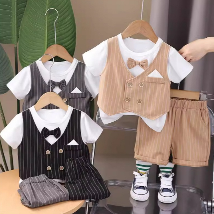 Babyonline(Y255)2J5 (ส่งด่วน1วัน)ชุดเซ็ตเสื้อแขนสั้นกางเกงขาสั้นแต่งลายสูทสุดเท่สำหรับเด็กผู้ชาย นุ่ม เด้ง ระบายอากาศได้
