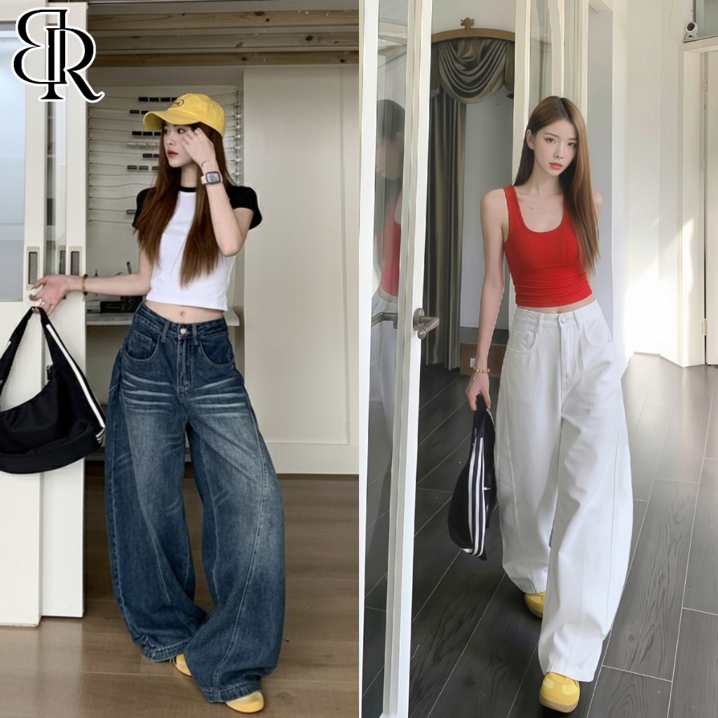 B&R พร้อมส่ง กางเกงยีนส์เอวสูงสำหรับผู้หญิง กางเกงขายาวทรงกว้างสไตล์เรโทรอเมริกัน สาวอวบ ขนาด S-2XL