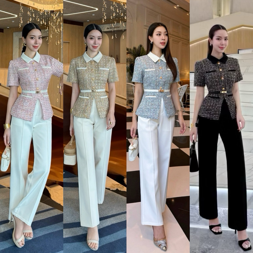 CHARISSA,LALABELLE•เซ็ท 3 ชิ้น เสื้อทวิตแขนสั้น + กางเกง มาพร้อมเข็มขัด