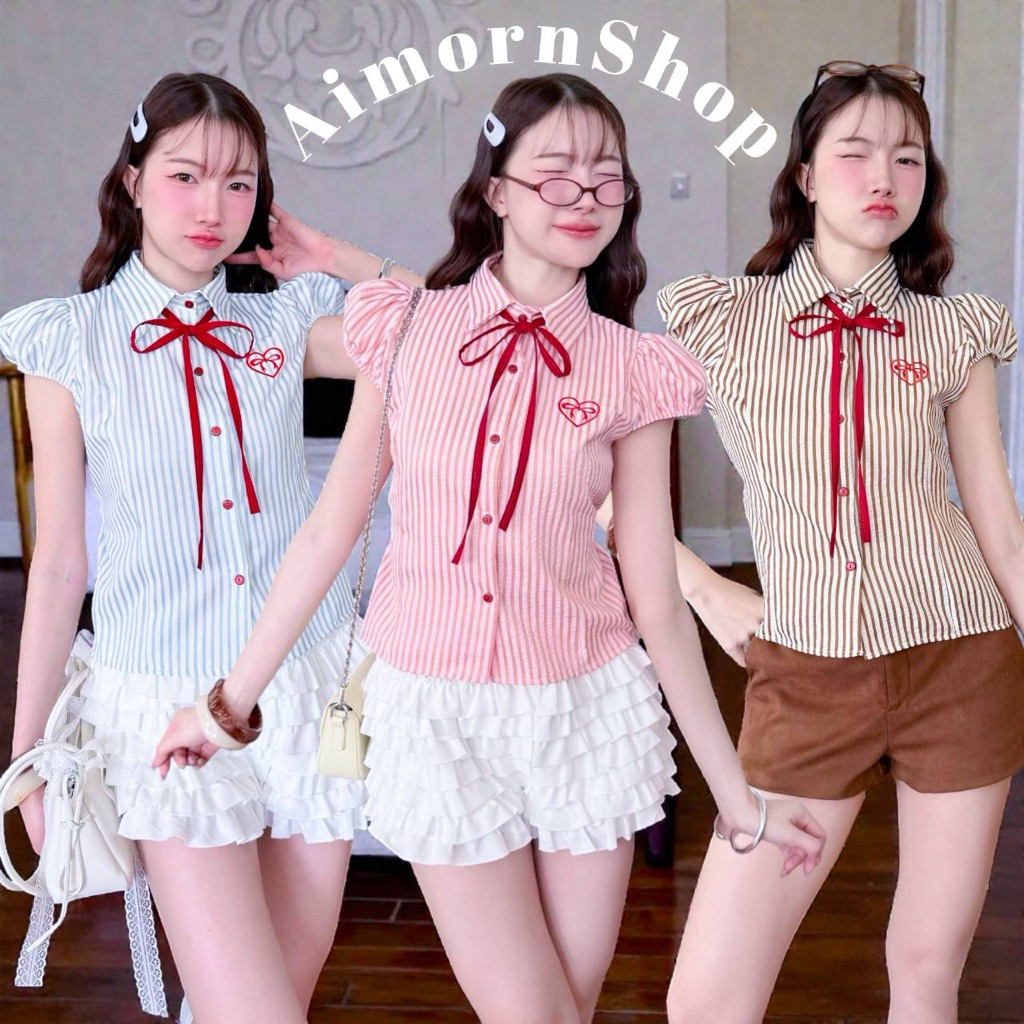 🔥aimorn_shop🔥เชิ้ตคอปก แขนตุ๊กตาลายริ้ว มีเชือกสีแดงผูกโบว์ด้านหน้าให้เก๋ๆ ปักหัวใจเพิ่มกิมมิกน่ารักๆ