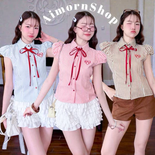 🔥aimorn_shop🔥เชิ้ตคอปก แขนตุ๊กตาลายริ้ว มีเชือกสีแดงผูกโบว์ด้านหน้าให้เก๋ๆ ปักหัวใจเพิ่มกิมมิกน่ารักๆ