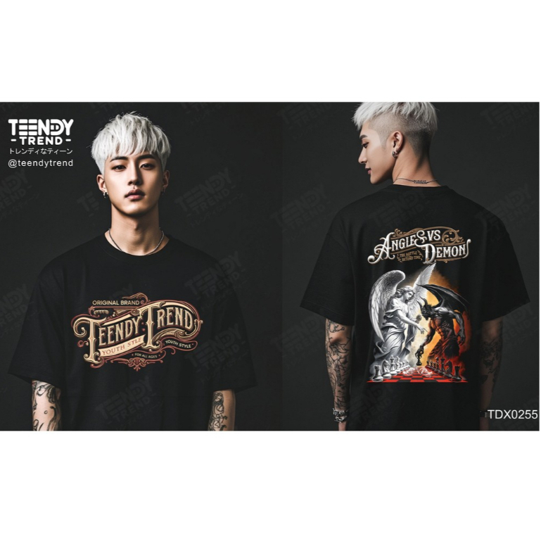 Teendy Trend เสื้อยืดผู้ชาย ผู้หญิง คอตตอน ลายangle สีดำ รุ่นTDX0255-BL