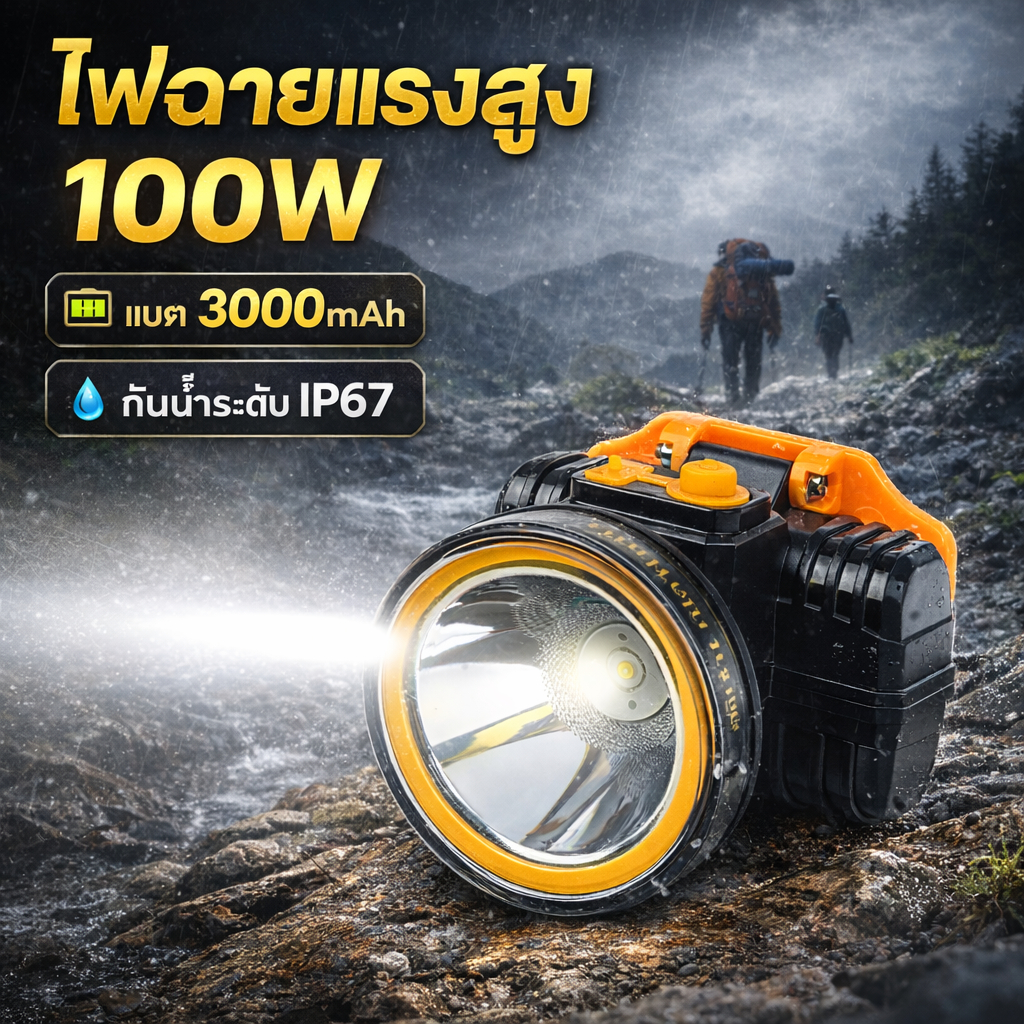 ไฟฉายคาดหัว RH-8803 แรงสูง 100W กันน้ำ IP67 แบต 3000mAh แสงขาว/เหลือง สำหรับเดินป่า，ใช้งานกลางคืน