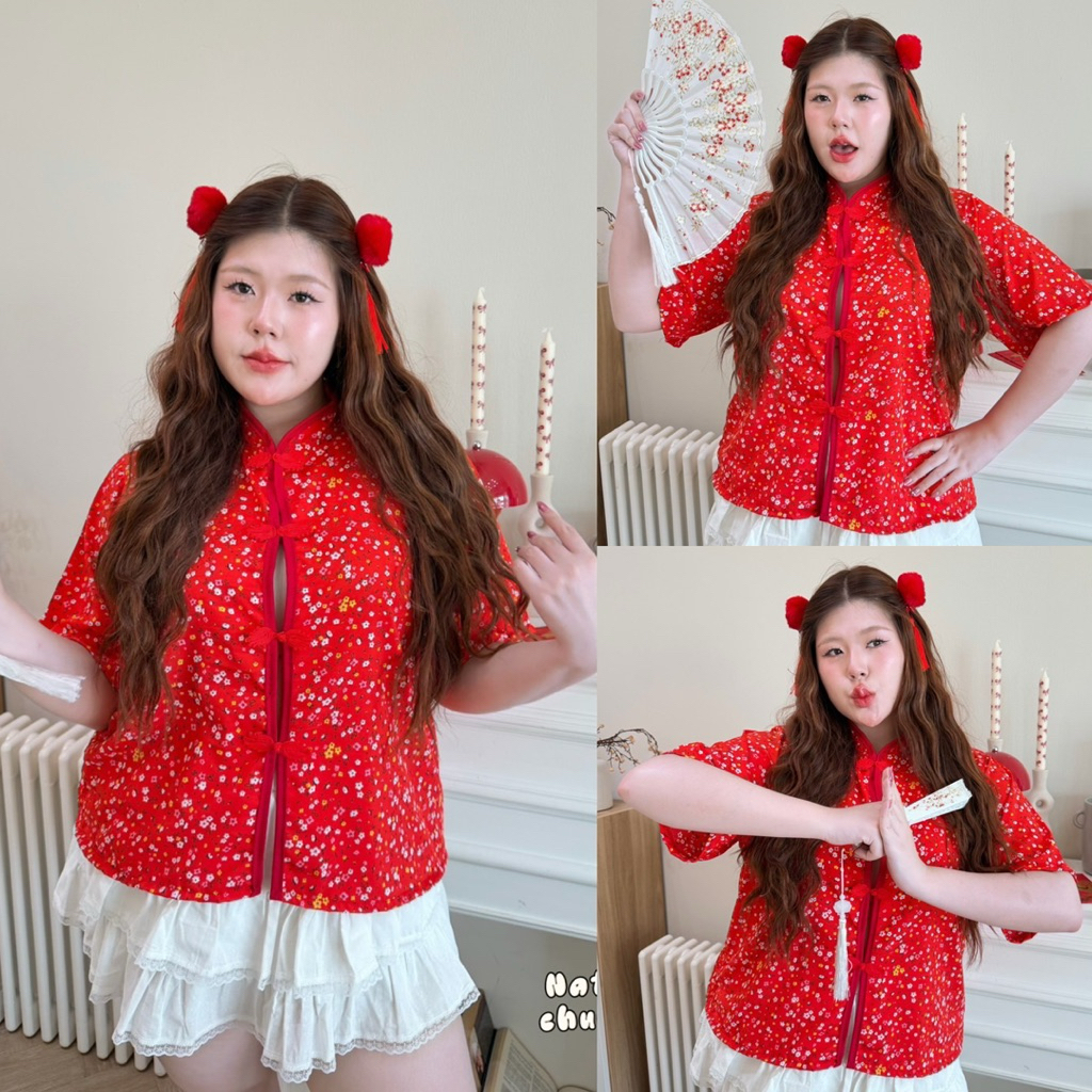 /NT/ เสื้อกี่เพ้าสาวอวบ ไซส์อก40-50 ลายดอกไม้สีแดง ใส่ตรุษจีน เฮงๆปังๆ #พลัสไซส์
