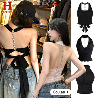 HOTถูกที่สุดในโลกออนไลน์! เสื้อคล้องคอ เว้่หลัง แต่งลูกไม้ เสริมฟองน้ำในตัว สีพื้นดำขาวเกาหลี FY3577