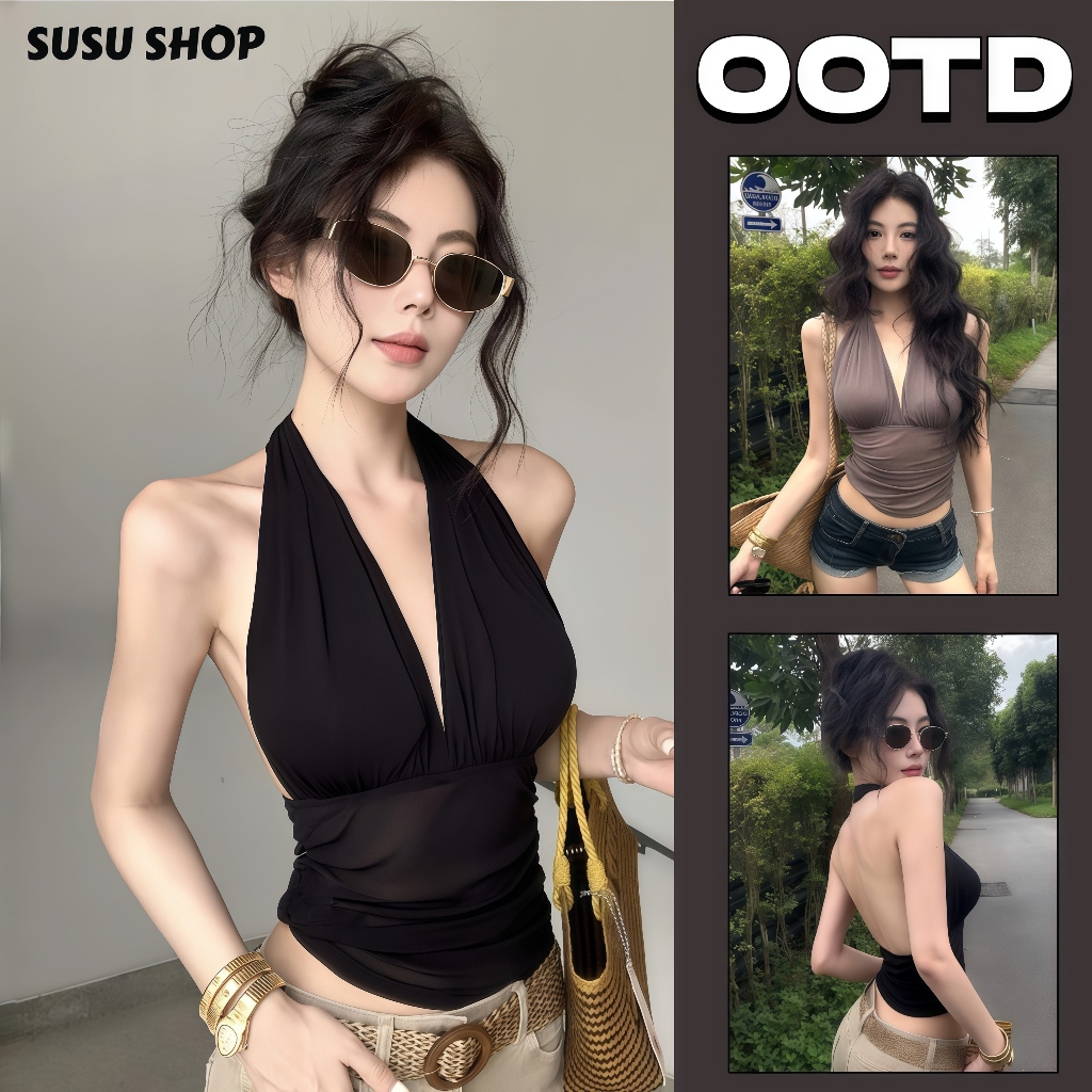 SuSu เสื้อสายคล้องคอผู้หญิง เปิดหลัง แต่งระบายข้างเดียวที่ชายเสื้อ พร้อมเชือกตกแต่ง FY9345-0