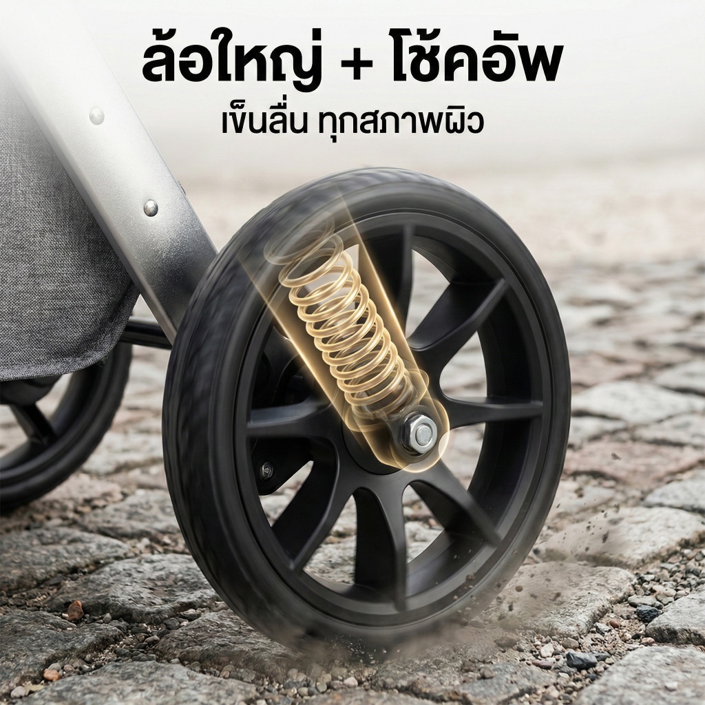 Beige รถเข็นเด็ก รถเข็น 4 ล้อ ปรับ stroller baby 3ระดับ (นั่ง/เอน/นอน) สายรัดแบบ 5 จุด มีเบรค 0-5 ปี - รูปที่ 6