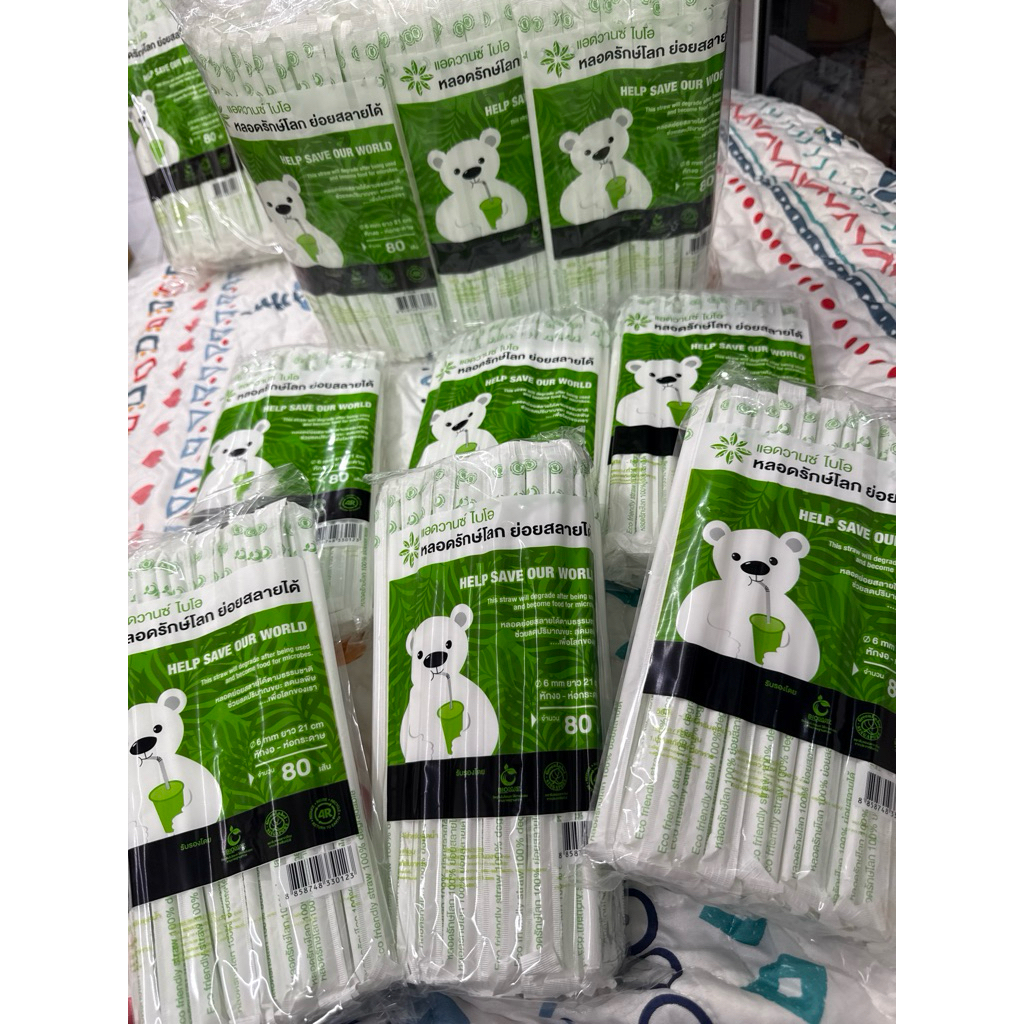 (ห่อใหญ่) 480เส้นหลอดรักษ์โลก สีขาว-หักงอ ห่อกระดาษ ย่อยสลาย บรรจุ 80 ชิ้น/ห่อ 1 แพ็ค มี 6 ห่อ