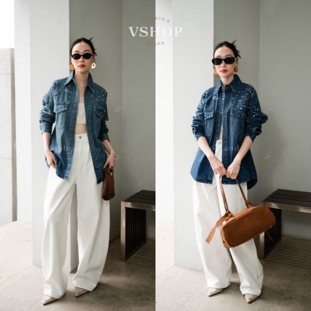 พร้อมส่ง เสื้อเชิ้ตยีนส์กระเป๋าอกแต่งเพชรไหล่ งานป้าย vshopbrand
