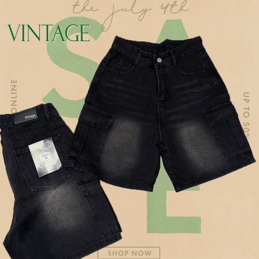 Vintage รุ่น 6025 กางเกงยีนส์ ขาสั้น สีดำ คาร์โก้ แต่งเฟดขา ทรงสวย ผ้าไม่ยืด กระเป๋าตรง 2 ใบ