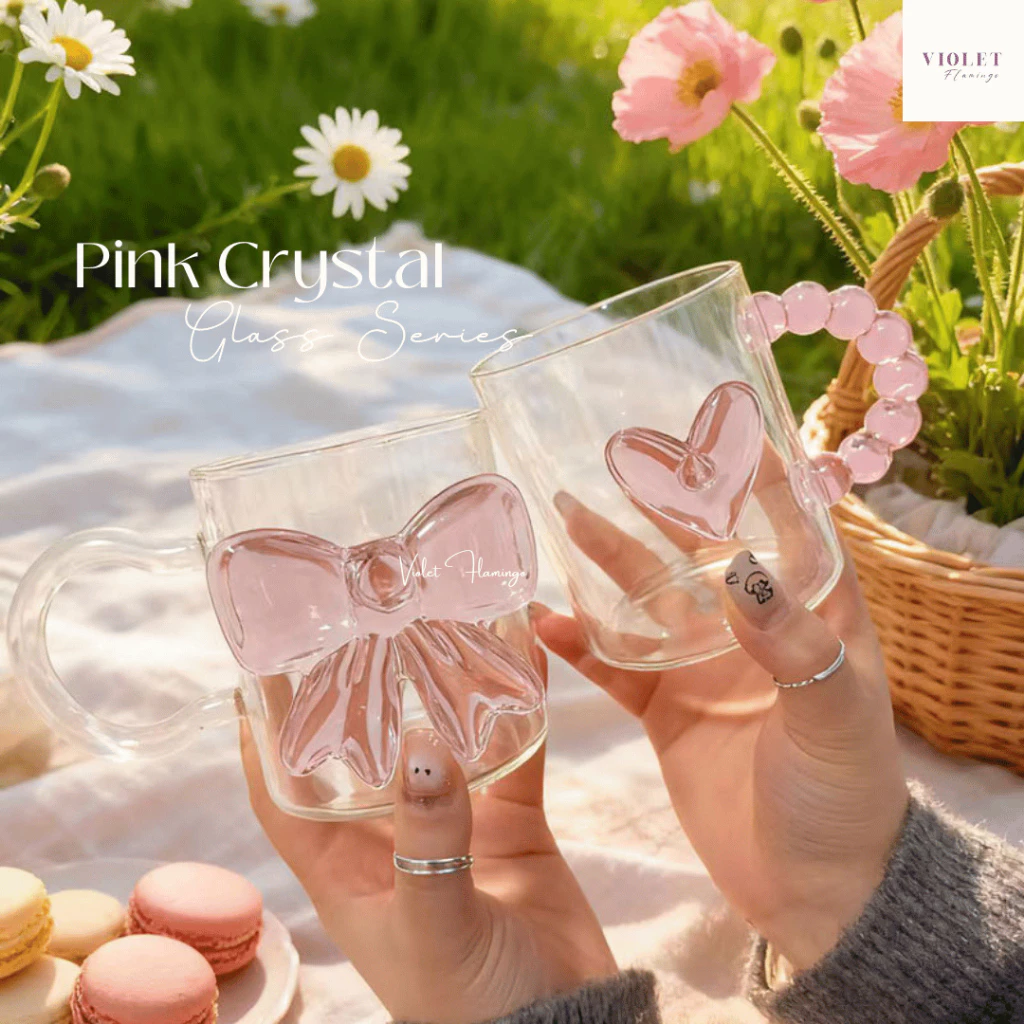 Violet Flamingo - Pink Crystal Glass Series แก้วน้ำ แก้วแชมเปญ แก้วไวน์ ประดับลายผีเสื้อสีชมพูหรือลายหัวใจ/โบว์โรแมนติก
