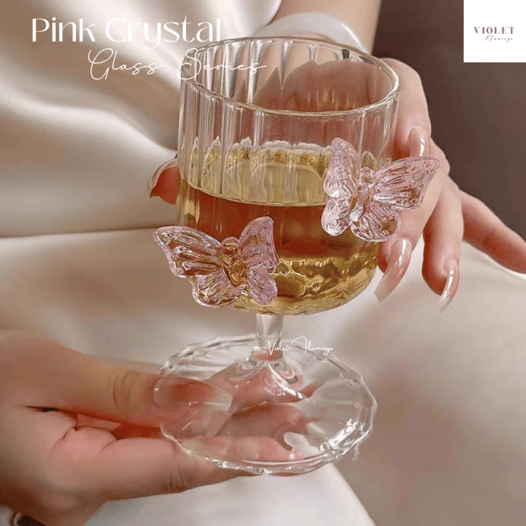 Violet Flamingo - Pink Crystal Glass Series แก้วน้ำ แก้วแชมเปญ แก้วไวน์ ประดับลายผีเสื้อสีชมพูหรือลายหัวใจ/โบว์โรแมนติก thumbnail 8