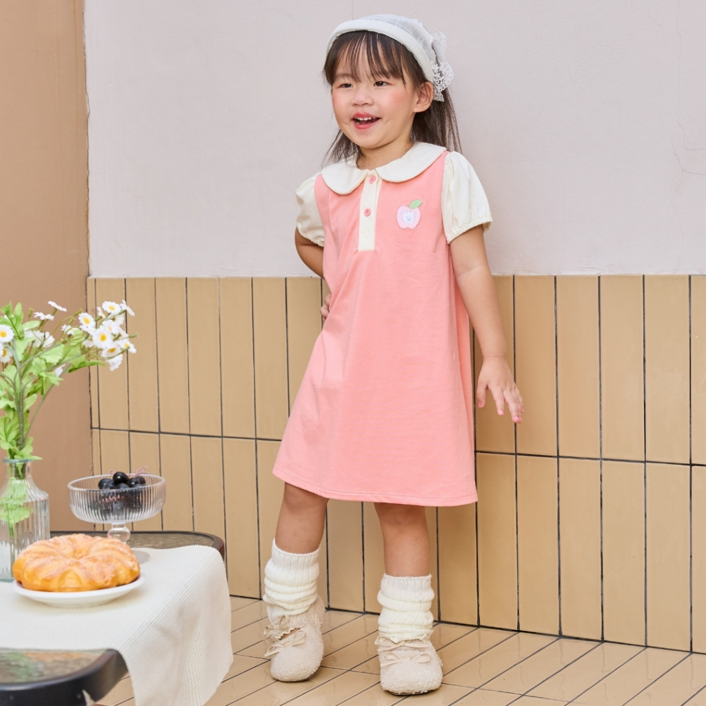 e'clat ชุดเดรสเด็ก ชุดกระโปรงเด็ก ปกคอบัว แขนสั้น เด็ก12M-4Y ผ้ายืด นิ่ม ใส่สบาย ผ้า100% cotton 8136