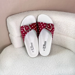 KTHANA รองเท้าแตะลายจุด polka dot มินิมอลสีขาว พี้นลายมะกูดแนะนำเท้าอูม+1ไซส์ 35-44 นุ่มเท้า