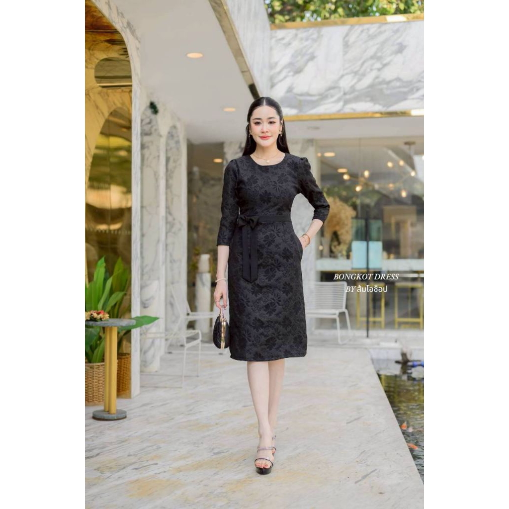 DL20 เดรสออกงาน  (ผ้าลัชชู) ชุดทำงานทำงานคอกรมดีเทลน่ารักเรียบหรู ความยาว42นิ้ว (ลงตรงไซส์ได้เลยจ้า)