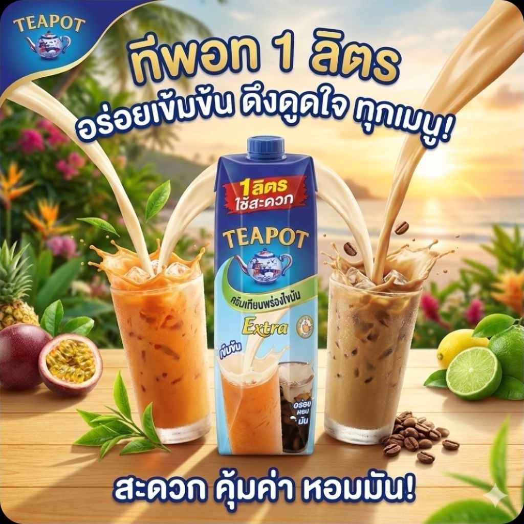 TeaPotExtra ทีพอท เอ็กซ์ตร้า นมข้นจืด ขนาด 1000 มล.×12 กล่อง.(ยกลัง). ราคา ถูกที่สุด ดีลบีเคเค แกลเลอรีภาพที่ 2