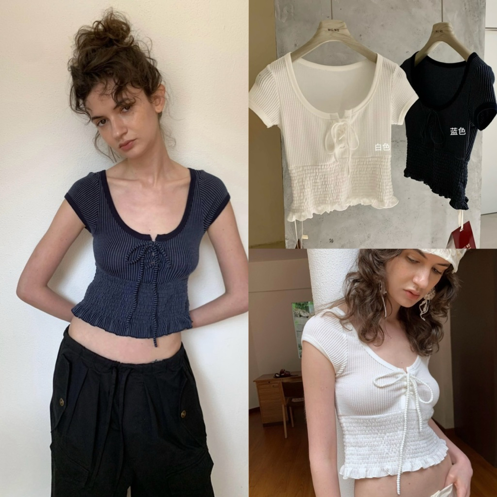 📍พร้อมส่ง📍8965 เสื้อแขนสั้น คอกลม แต่งระบายหน้า งานกระดุมหน้า เนื้อผ้าดี งานสวย มีซับใน TAG:WG.WE 🇰🇷