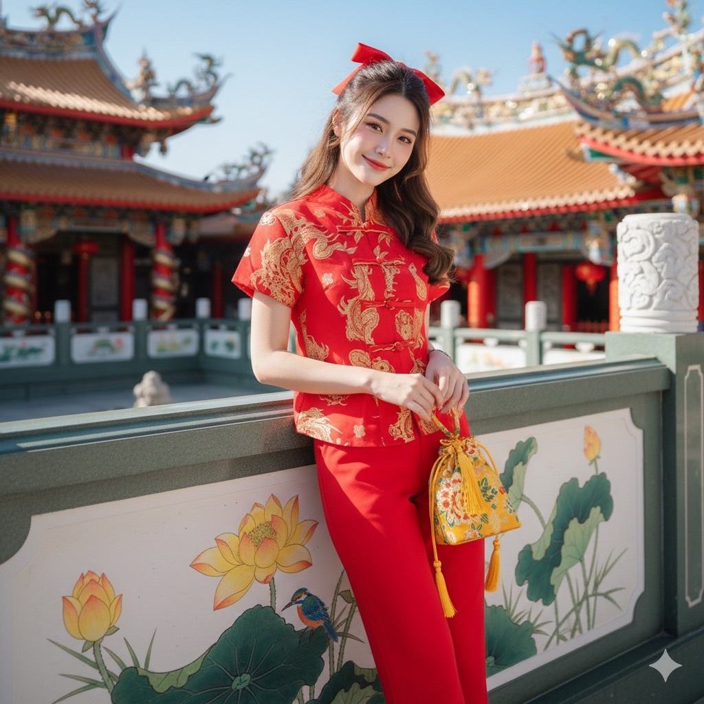 เสื้อคอจีนกระดุมจีนลายมังกรทอง เสื้อใส่ตรุษจีน (ส่งจากไทย)