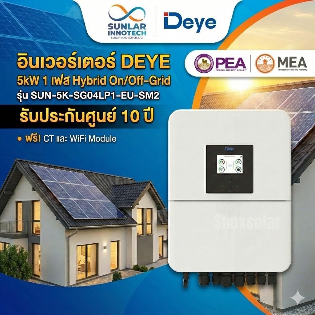 DEYE Hybrid Inverter 5kW 1 Phase (SUN-5K-SG05LP1) | ประกันศูนย์ไทย | ผ่านลิสต์การไฟฟ้า (PEA/MEA)