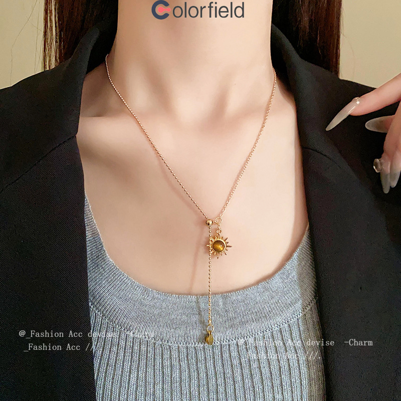 Colorfield เสือตาหินดอกทานตะวันจี้สร้อยคอแสงหรูหราอารมณ์กระดูกไหปลาร้าโซ่ส่วนบุคคลสร้อยคอแฟชั่นสำหรับผู้หญิง-COD