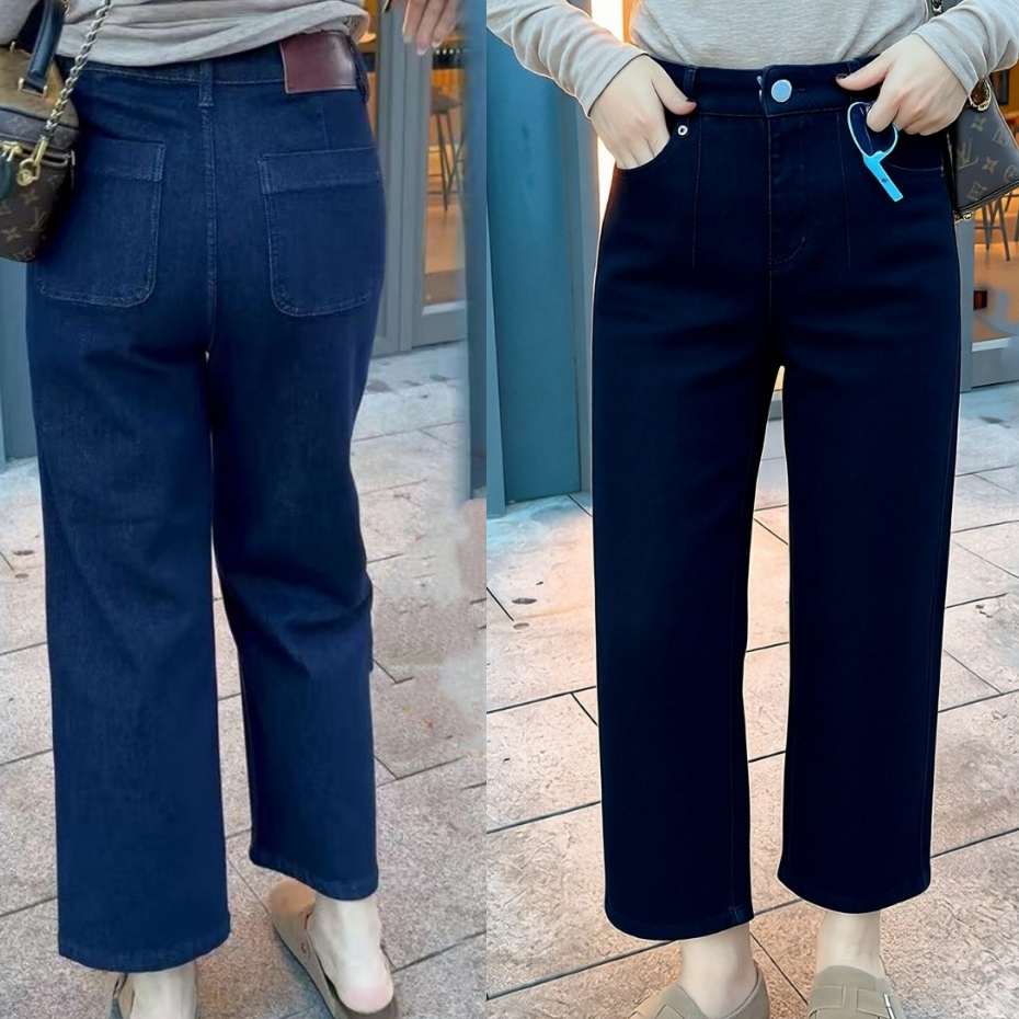 GHAOHES  👖กางเกงยีนส์ขากระบอกตรงไซส์ใหญ่ 9 ส่วน ใส่ได้กับทุกชุด สบาย เอวสูงเก็บพุง ยืดหยุ่น🛒#Jeans