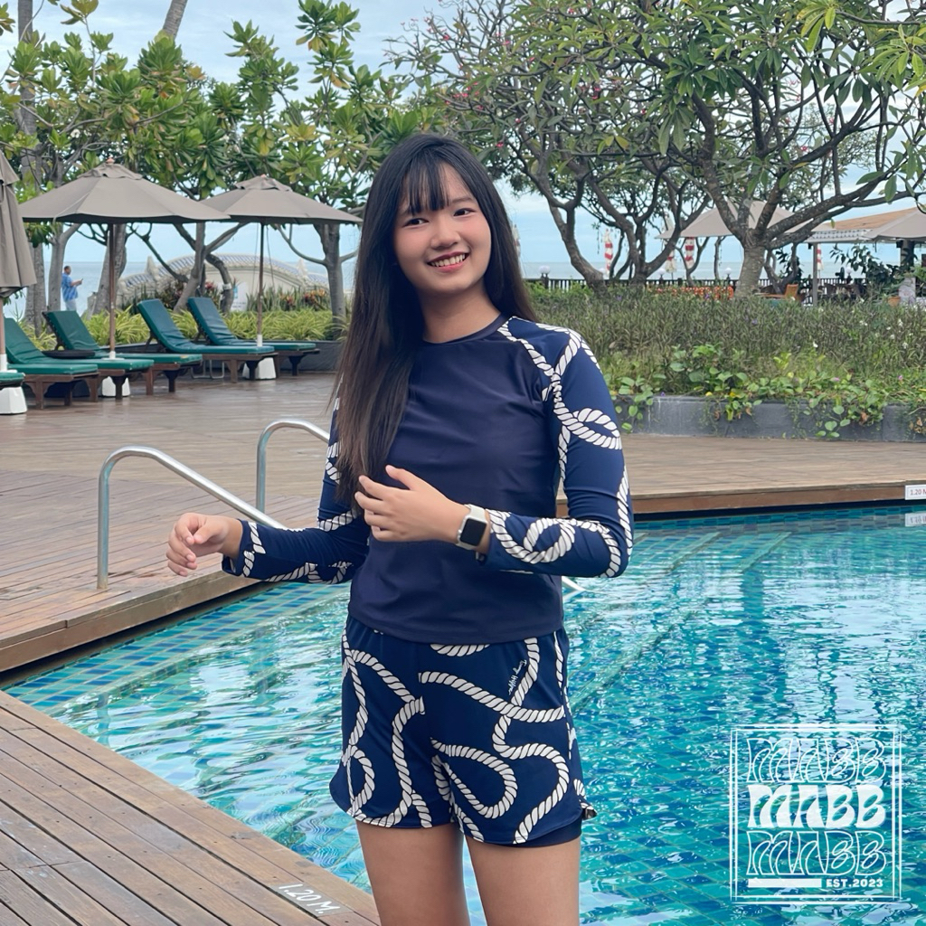 MABB - Tommy Swimwear ชุดว่ายน้ำผู้หญิง แขนยาว กางเกงขาสั้น เซ็ต 3 ชิ้น ชุดว่ายน้ำสาวอวบไซส์ใหญ่