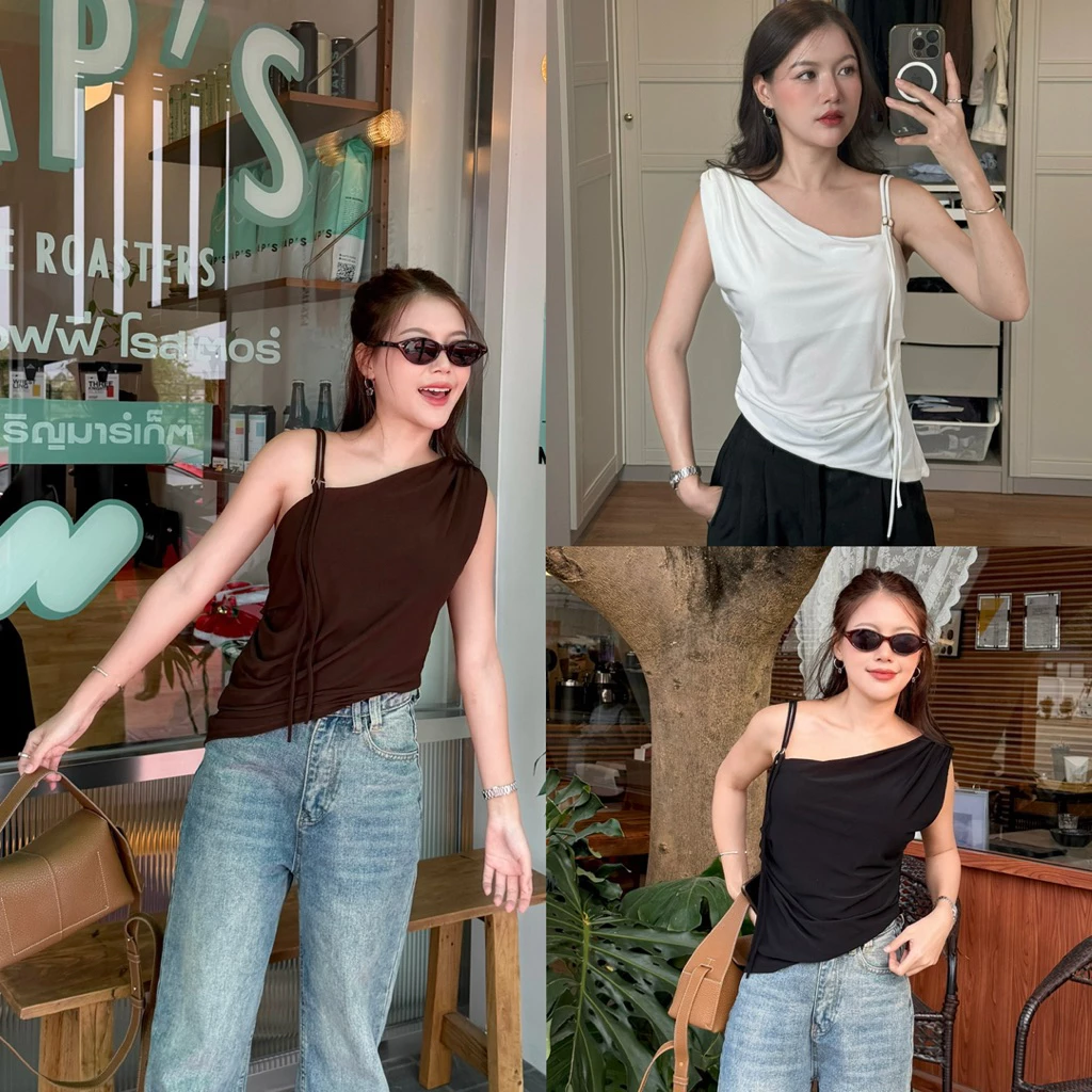 M06- เสื้อสายเดี่ยวเฉียงไหล่ ปรับสายได้ ผ้านุ่ม | ใส่สวย พรางหุ่น ลุคแพง