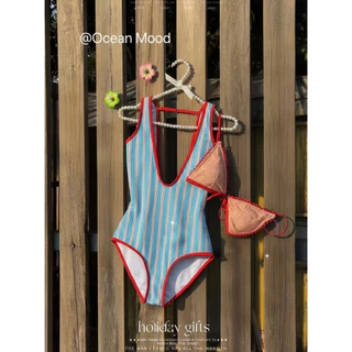 Ocean Mood | ชุดว่ายน้ำวันพีช 2 ชิ้น สีชมพูลายทาง แต่งลูกไม้ สไตล์วินเทจ Vintage Pink Striped Swimwear