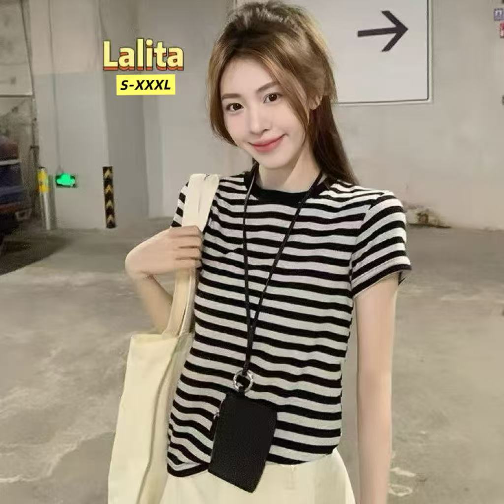 ส่งไวจากไทย ทรงสั้นเข้ารูป ลายทาง เสื้อยืดลายทาง เสื้อยืดผู้หญิง🍒Lalita