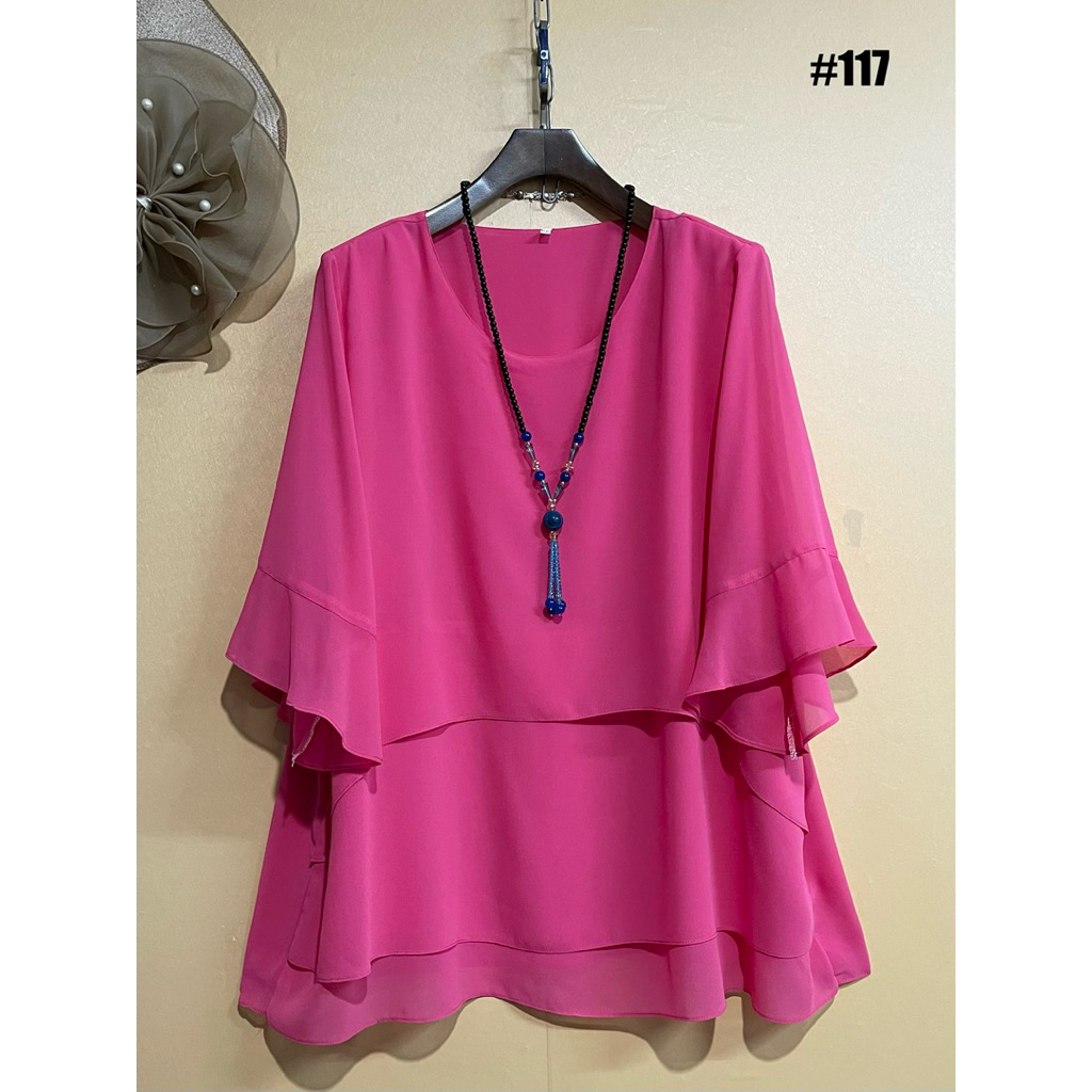 เสื้อชีฟอง(อก 50“-54”) เสื้อคอกลมแต่งหน้า ทรงโค้ง สวยเรียบหรู#117