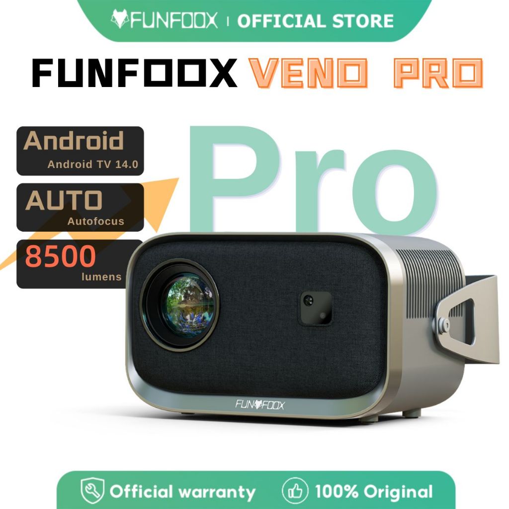 มินิโปรเจคเตอร์ 4K แถมฟรีสาย HDMI | FUNFOOX VENO PRO Android14 โฟกัสอัตโนมัติ หมุน360° เชื่อมมือถือไ